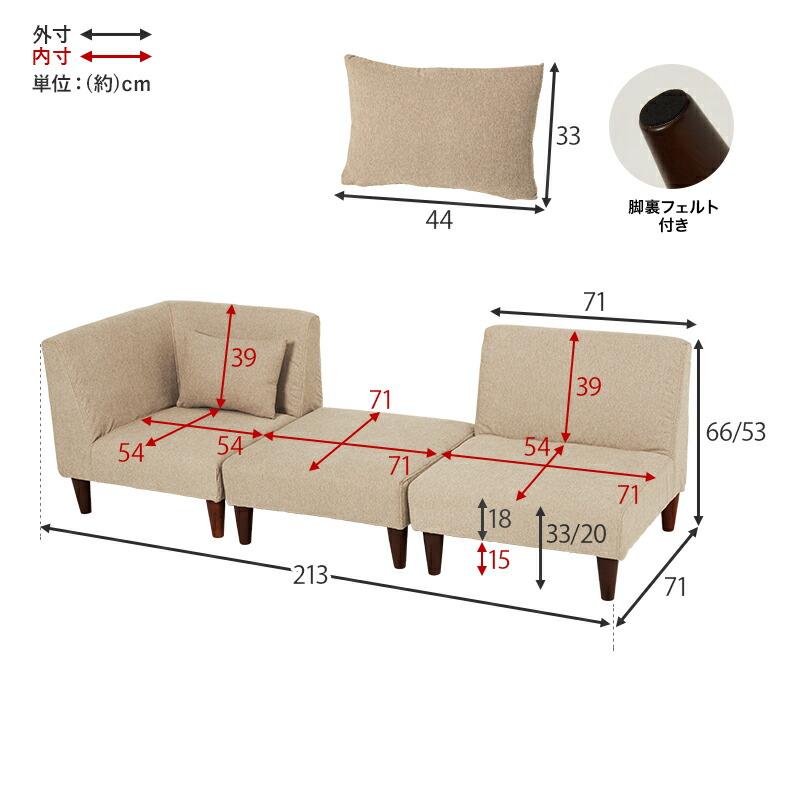 ソファ3点セット コーナーソファ リビングソファ カウチソファ ファブリック 3人掛け グレー ベージュ 布張り シンプル 無地 北欧 モダン 背有 ローソファ 3P | ブランド登録なし | 18