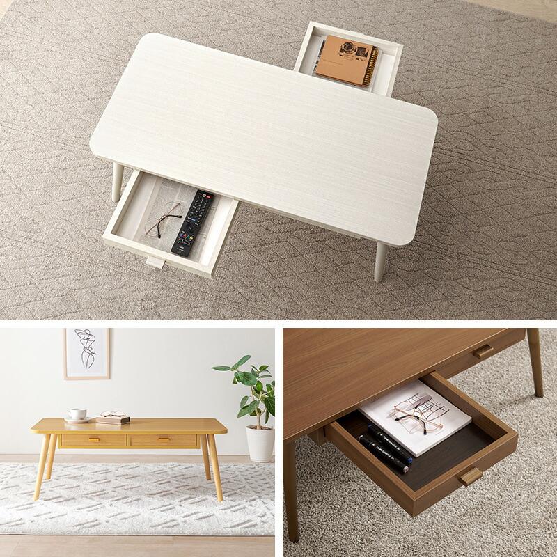 センターセーブル 幅100cm 両面引き出し2杯付き 長方形 木目柄 木製 ブラウン/ナチュラル/ホワイトウォッシュ ソファテーブル ローテーブル 座卓 角型 丸角 角丸 | ブランド登録なし | 02