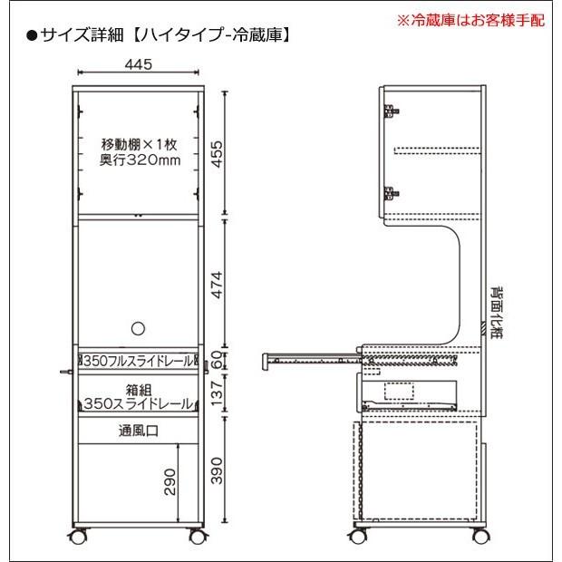 国産 日本製 床頭台 ハイタイプ 冷蔵庫 キャビネット キャスター付