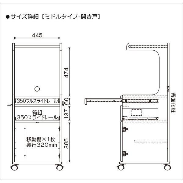 床頭台 国産 日本製 ミドルタイプ 開き戸 キャビネット キャスター付