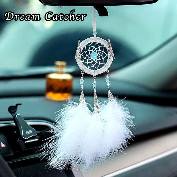 ドリームキャッチャー 車 カー用品 ルームミラー アクセサリー 飾り 羽 かわいい おしゃれ ホワイト ダウン 羽毛 天然石