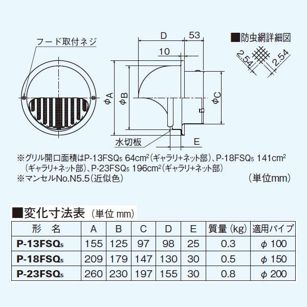 【P-18FSQ5】 三菱 ダクト用システム部材 丸形フード ステンレス製・ギャラリ・防虫網付 | 三菱 | 01