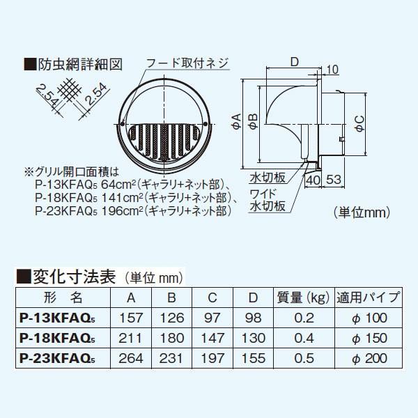 【P-18KFAQ5】 三菱 ダクト用システム部材 高性能丸形フード アルミ製・ギャラリ・防虫網付 | 三菱 | 01