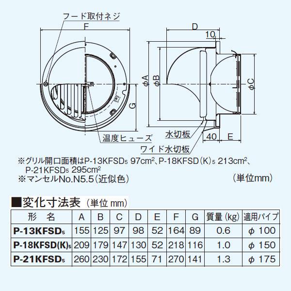 【P-18KFSD5】 三菱 ダクト用システム部材 防火ダンパー付高性能丸形フード ステンレス製・ギャラリ付 | 三菱 | 01