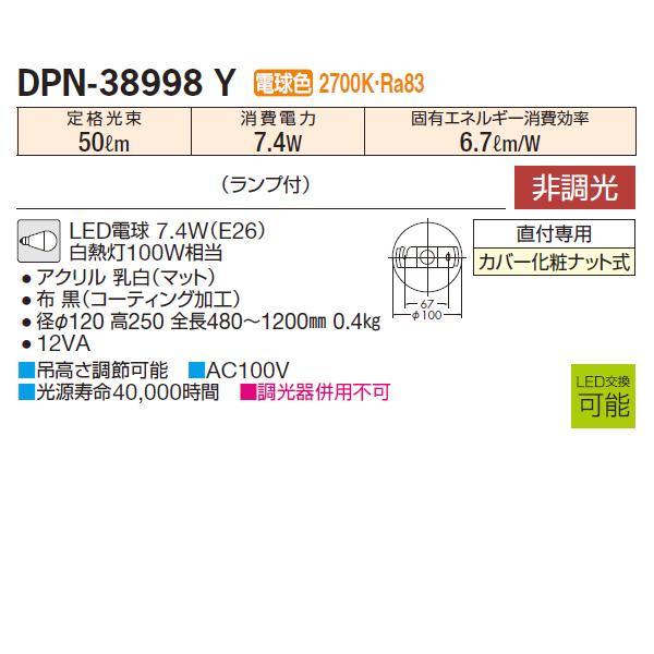 【DPN-38998Y】 DAIKO ペンダントライト 非調光 電球色 大光電機 | 大光電機 | 01
