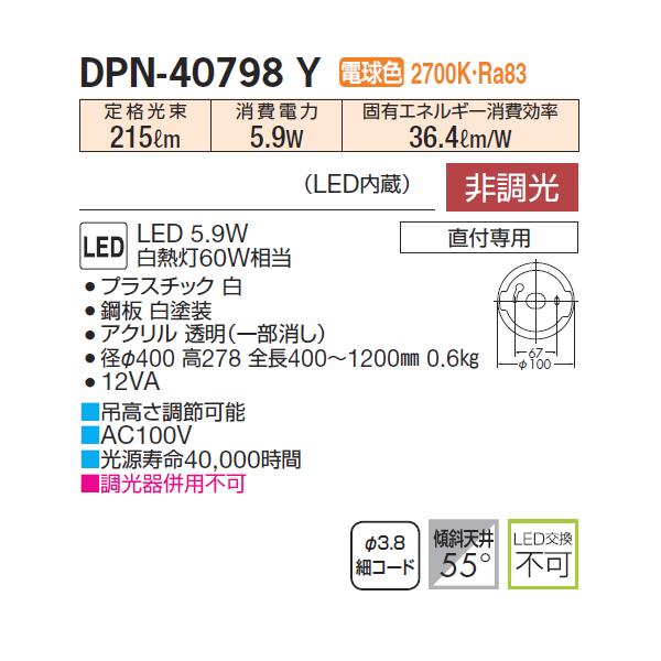 【DPN-40798Y】 DAIKO ペンダントライト 非調光 電球色 大光電機 | 大光電機 | 01