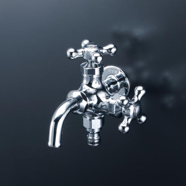 【K124CSPJ】 KVK 水栓 ガーデニング用 屋外ホース接続ニップル付二口横水栓 | KVK