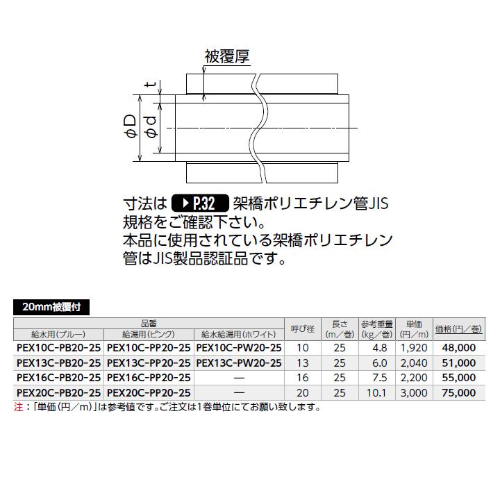 【PEX10C-PW20-25】オンダ製作所 ダブルロックジョイント 被覆カポリパイプW 20mm被覆付 給水給湯用(ホワイト) 呼び径10 長さ25m ONDA | オンダ製作所 | 01