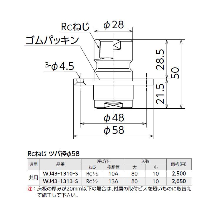 【WJ43-1310-S】オンダ製作所 ダブルロックジョイント WJ43型 床下取付アダプター Rcねじ ツバ径φ58 小ロット(10台) ONDA_1
