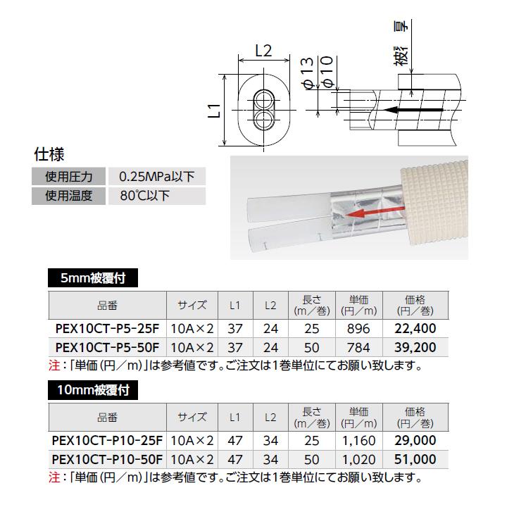 【PEX10CT-P10-50F】オンダ製作所 循環口 樹脂管 カポリツインW 被覆付 追焚き用架橋ポリエチレン管ペア 10mm被覆付 50m/巻 サイズ10A×2 ONDA | オンダ製作所 | 01