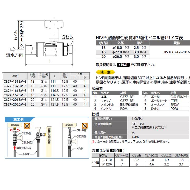 【CB27-2013M-S】オンダ製作所 CB型逆止弁付ボールバルブ CB27型 HIVP×Gねじ IN側HIVP20 L121.5 小ロット(4台) ONDA | オンダ製作所 | 01