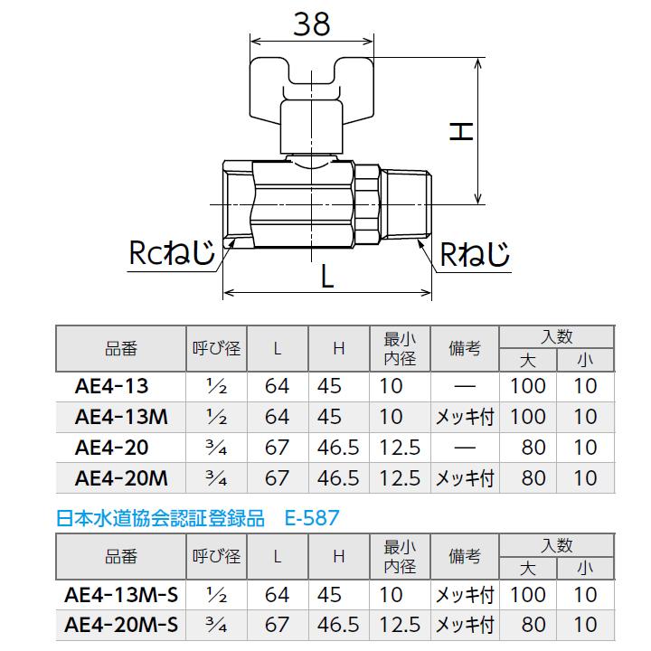 【AE4-20M-S】オンダ製作所 AE型 ボールバルブ AE4型 Rcねじ×Rねじ メッキ付 呼び径3/4 L67 H46.5 小ロット(10台) ONDA | オンダ製作所 | 01