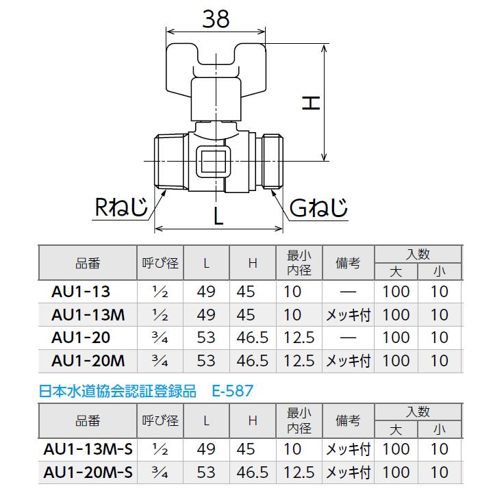 【AU1-20M-S】オンダ製作所 AU型ボールバルブ ユーボール AU1型 Rねじ×Gねじ メッキ付 呼び径3/4 L53 H46.5 小ロット(10台) ONDA | オンダ製作所 | 01