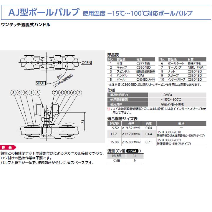 【AJ1-1213】オンダ製作所 AJ型ボールバルブ AJ1型 銅管接続×Gねじ リングジョイント式 呼び径12.7×1/2 小ロット(10台) ONDA | オンダ製作所 | 02