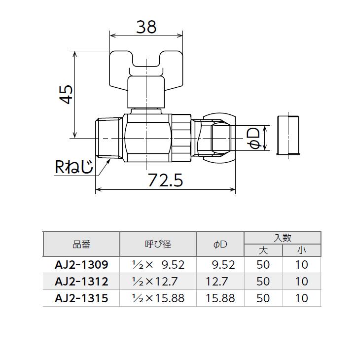 【AJ2-1312】オンダ製作所 AJ型ボールバルブ AJ2型 Rねじ×銅管接続 リングジョイント式 呼び径1/2×12.7 大ロット(50台) ONDA | オンダ製作所 | 01