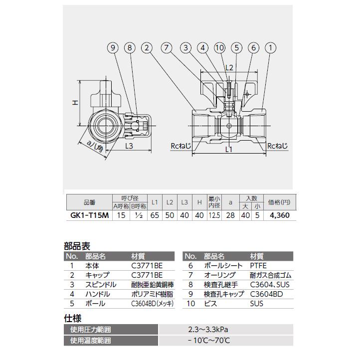 【GK1-T15M】オンダ製作所 検査孔付ねじボールガス栓 GK1型 Rcねじ×Rcねじ×検査孔 大ロット(40台) ONDA | オンダ製作所 | 01