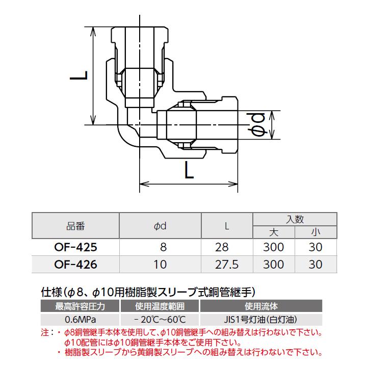 【OF-425】オンダ製作所 銅管用継手 φ8、φ10用Ｌ型継手(樹脂製スリーブ) L28 小ロット(30台) ONDA | オンダ製作所 | 01
