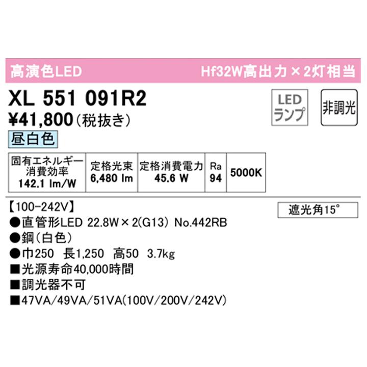 【XL551091R2】オーデリック ベースライト 片側給電・配線 40形 3400lm 直付 型下面開放2灯用 昼白色 調光器不可 (構成：XL551091#Y×1) + (NO442RB×2) ODELIC | ODELIC | 01