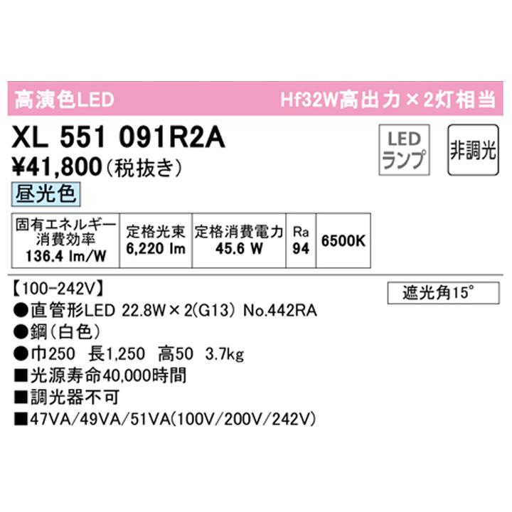 【XL551091R2A】ベースライト 片側給電・配線 40形 3400lm 直付 型下面開放2灯用 昼光色 調光器不可 ODELIC
