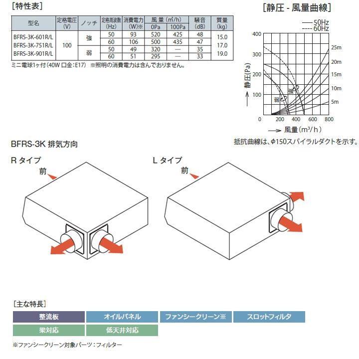 【BFRS-3K-601L BK】富士工業 レンジフード 換気扇 間口600mm 排気左 ブラック スタンダード シロッコ 壁面用 BLIII型相当 ※前幕板・横幕板別売 | 富士工業 | 02
