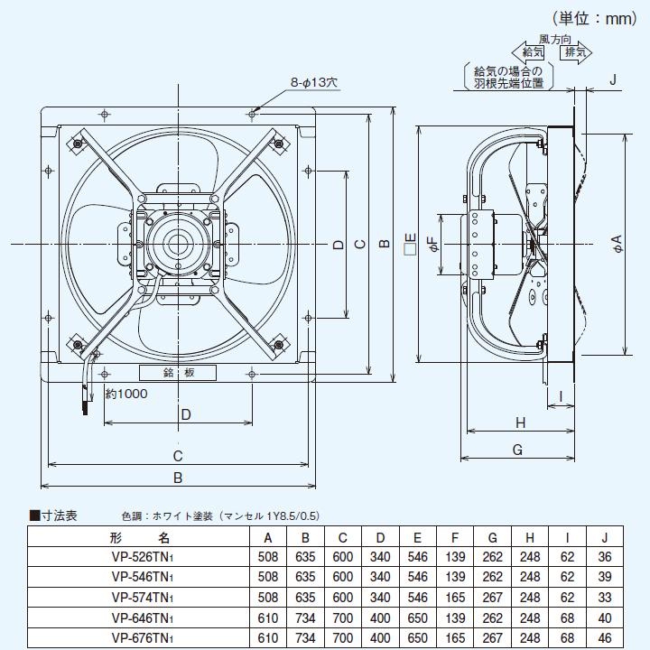 【VP-546TN1】東芝 産業用換気扇 有圧換気扇 標準タイプ 給気運転可能 三相200V用 埋込寸法 555mm角 | TOSHIBA | 01