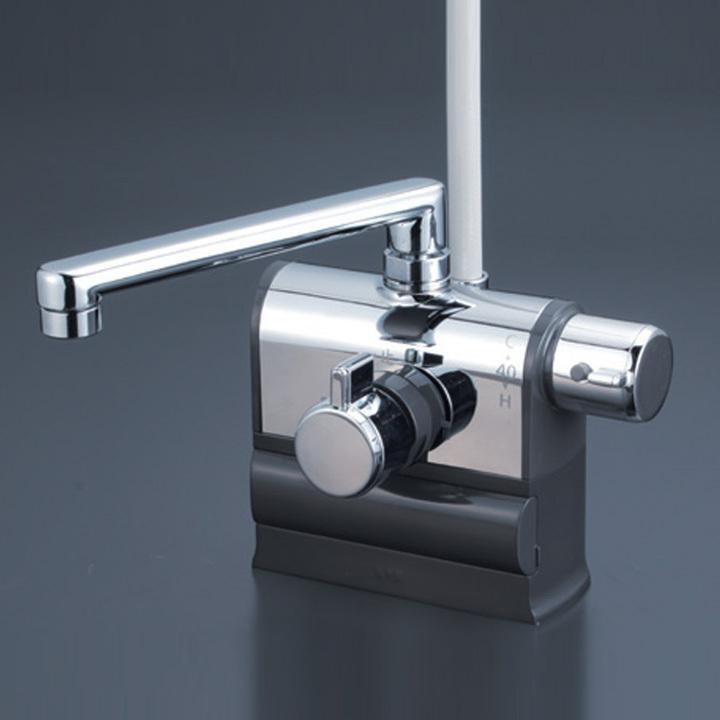 KVK バス用 デッキ形サーモスタット式シャワー 右ハンドル仕様メッキワンストップシャワー付 (240mmパイプ付)(撥水)