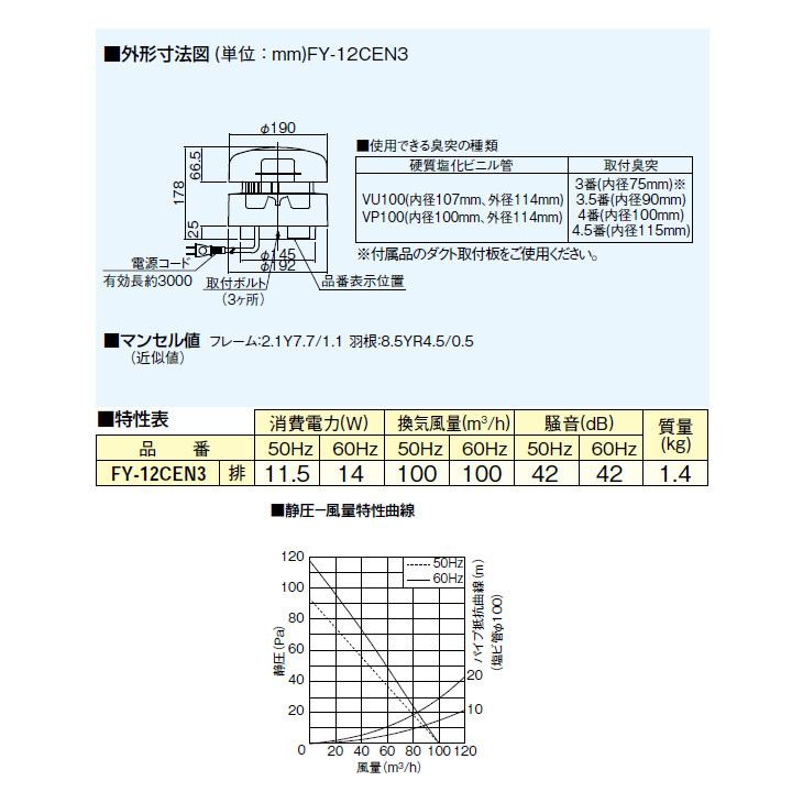 【FY-12CEN3】パナソニック トイレ用脱臭扇? 排気・臭突先端取付形 汲取式トイレ用 Panasonic | Panasonic | 01