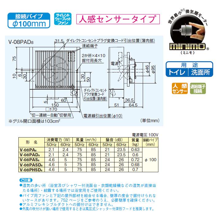 三菱（MITSUBISHI） 【V-08PAD8】三菱 パイプ用ファン 角形格子グリル