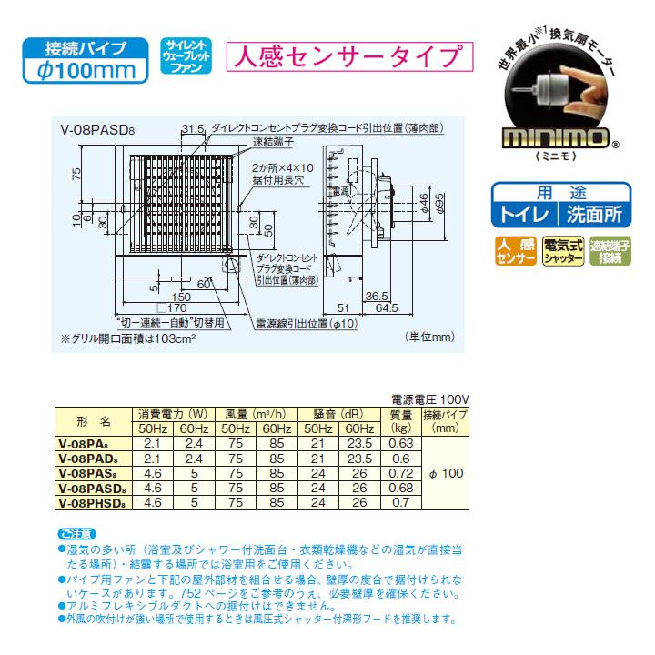 【V-08PASD8】三菱 パイプ用ファン 角形格子グリル 人感センサータイプ V-08PASD7後継機種 MITSUBISHI | 三菱 | 01