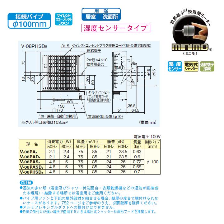 【V-08PHSD8】三菱 パイプ用ファン 角形格子グリル 湿度センサータイプ V-08PHSD7後継機種 MITSUBISHI | 三菱 | 01