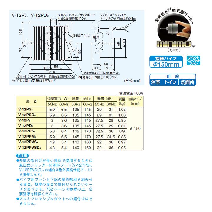 【V-12P8】三菱 パイプ用ファン 角形格子グリル V-12P7後継機種 MITSUBISHI | 三菱 | 01