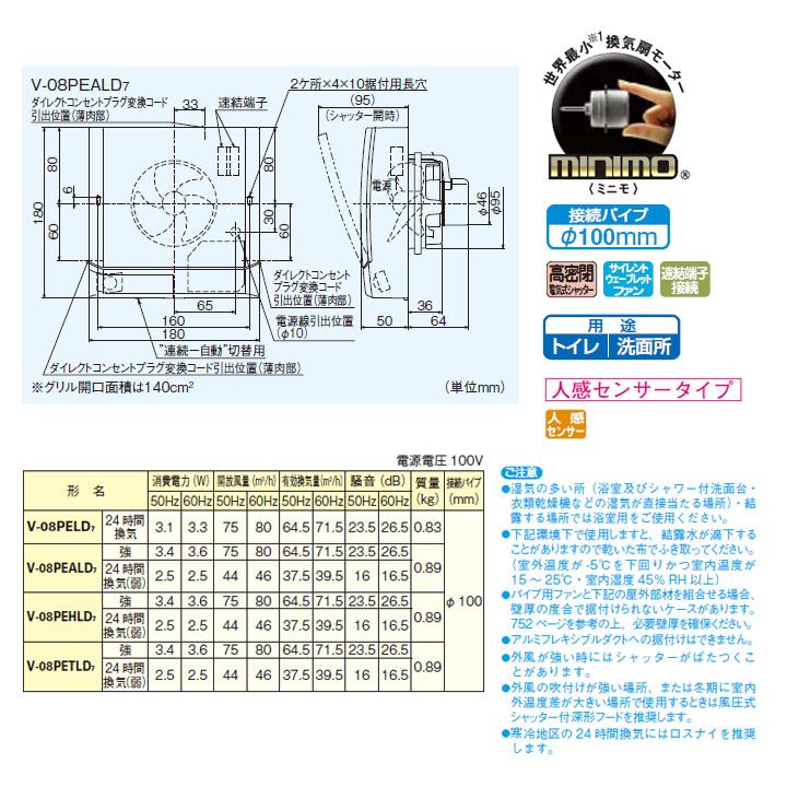 【V-08PEALD7】三菱 24時間パイプ用ファン 高密閉電気式シャッタータイプ 人感センサータイプ V-08PEALD6後継機種 MITSUBISHI | 三菱 | 01