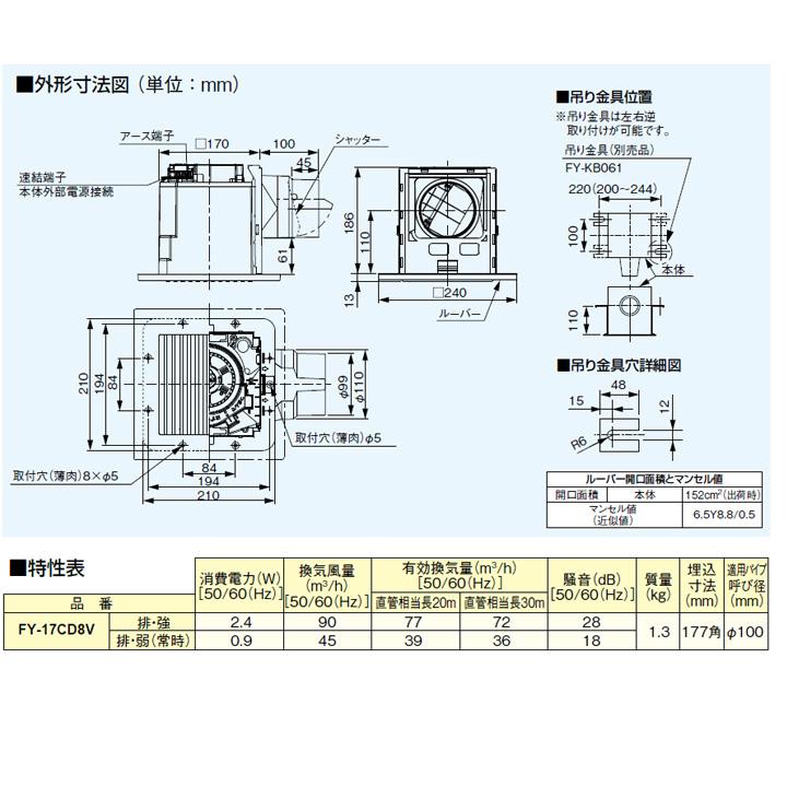 【FY-17CD8V】パナソニック 天埋換気扇（樹脂）・ルーバーセット 排気・強−弱 低騒音形 DCモータータイプ ルーバセットタイプ panasonic | Panasonic | 02