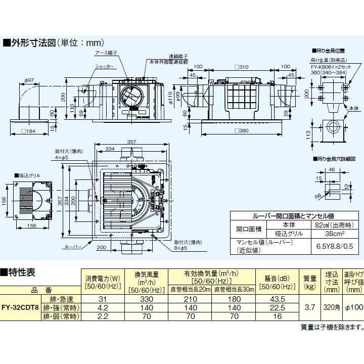 【FY-32CDT8】パナソニック 天埋換気扇（樹脂）3室用・ルーバーセット 排気・急速−強−弱 低騒音形 2-3室用（吸込グリル付属） 風量一定制御 panasonic | Panasonic | 02