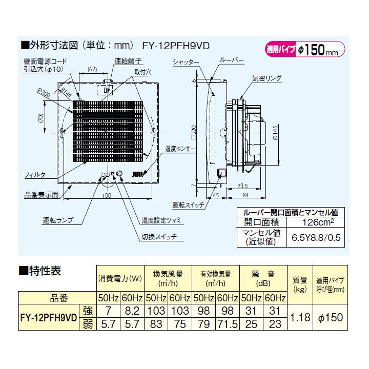 【FY-12PFH9VD】パナソニック パイプファン 排気・強−弱 ターボファン 角形フィルタールーバー 湿度センサー 適用パイプ径：直径150mm 速結端子付 panasonic | Panasonic | 02