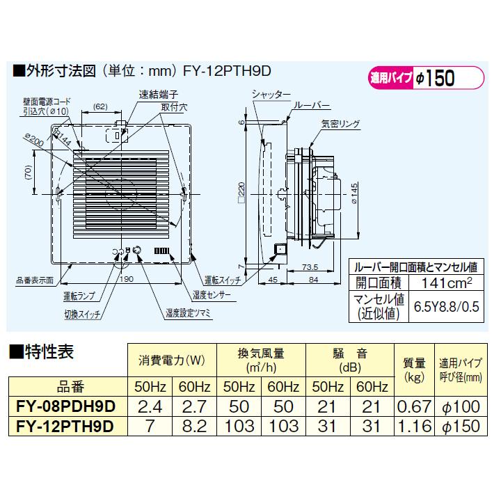 【FY-12PTH9D】パナソニック パイプファン 排気 ターボファン 角形ルーバー 自動運転形 湿度センサー 適用パイプ径：直径150mm 速結端子付 panasonic | Panasonic | 02