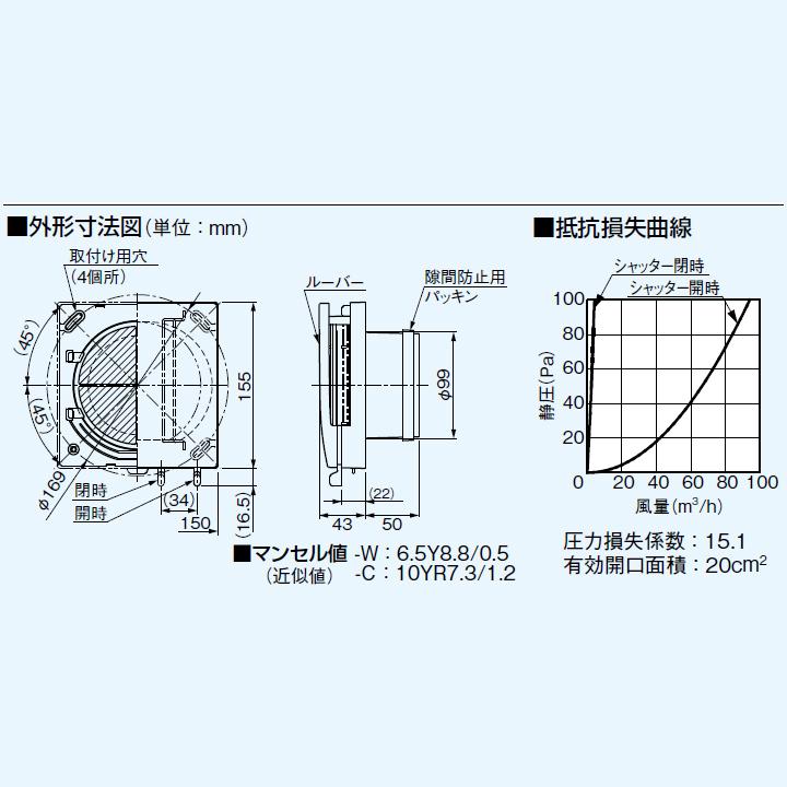 【FY-GKF42G-W】パナソニック 自然給気口（大風量タイプ） システム換気部材 自然給気口 壁用 給気清浄フィルター付 直径100用 panasonic | Panasonic | 02