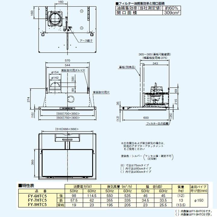 【在庫有り】【FY-6HTC5-S】パナソニック レンジフード「スマートスクエアフード」 大風量形 コンロ連動形 整流板捕集方式 60cm幅 色：シルバー panasonic | Panasonic | 01