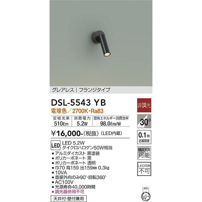 【DSL-5543YB】DAIKO LEDスポットライト グレアレス フランジタイプ 天井付・壁付兼用 非調光 電球色（2700K） 大光電機 | 大光電機 | 02