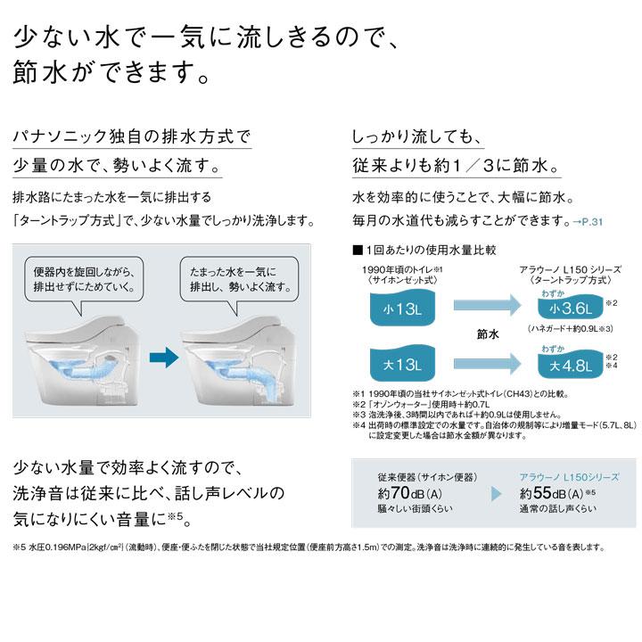 【数量限定】【XCH1502WSK】 パナソニック 一体型トイレ アラウーノ L150 タイプ2 ＼床排水 排水芯120・200mm／標準タイプ ※壁・フラットリモコン 配管セット付 | Panasonic | 08