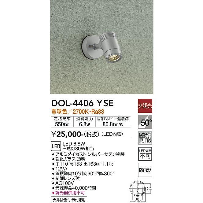 【DOL-4406YSE】DAIKO LEDスポットライト 天井付・壁付・床付兼用 アウトドアライト 天井付・壁付・床付兼用 非調光 白熱灯80W相当 電球色(2700K) シルバー | 大光電機 | 01