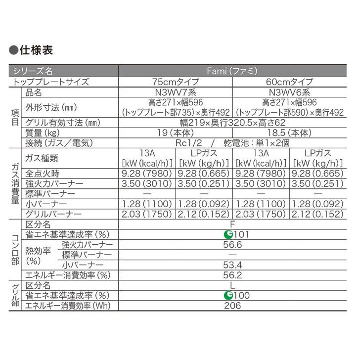 【N3WV7RWTP1】ノーリツ ビルトインコンロ Fami(ファミ) スタンダード 75cm幅/プロパン ブラック NORITZ | ノーリツ | 05