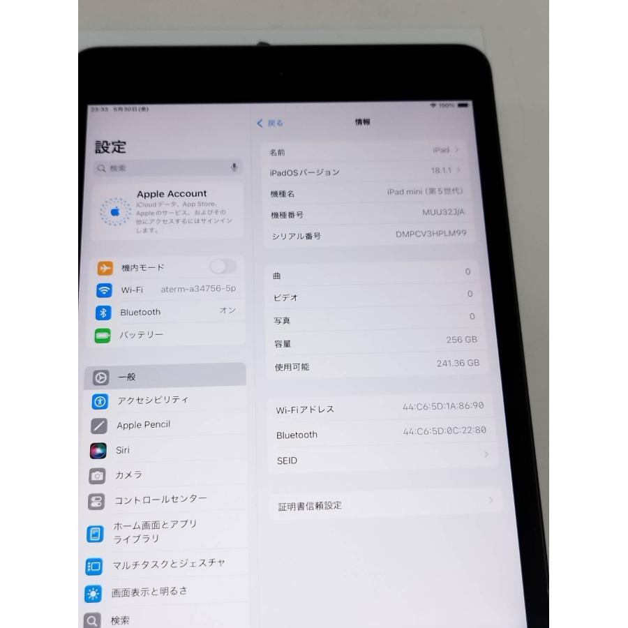Wi-Fiモデル】iPad mini 第5世代/256GB/A2133〈MUU32J/A〉 : 中古