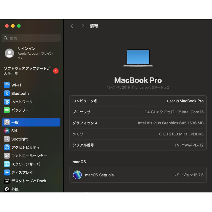 MacBook Pro（13インチ,2019,Thunderbolt 3ポートx 2）256GB/8GB 