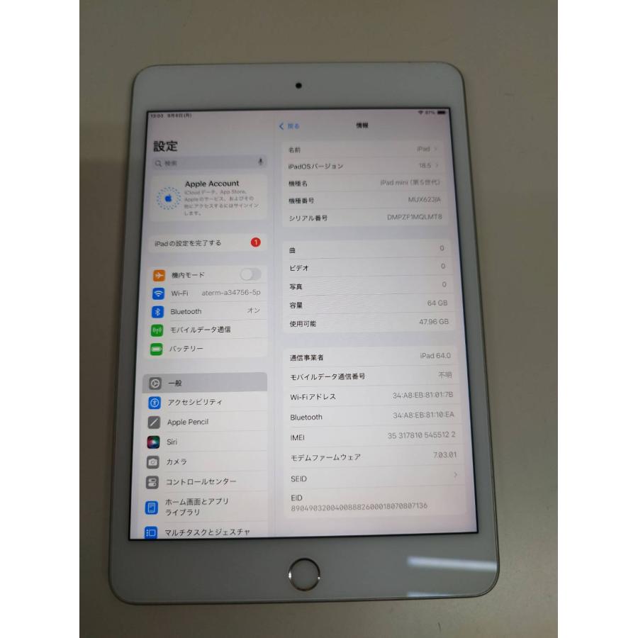 Wi-Fi/セルラー】iPad mini 第5世代/64GB/A2124〈MUX62J/A〉 : 中古