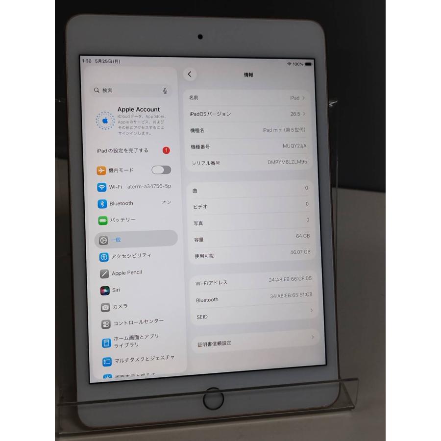 Wi-Fiモデル】iPad mini 第5世代/7.9インチ/A2133/64GB〈MUQY2J/A