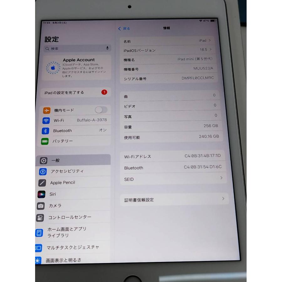 Wi-Fiモデル】iPad mini 第5世代/256GB/A2133〈MUU52J/A〉