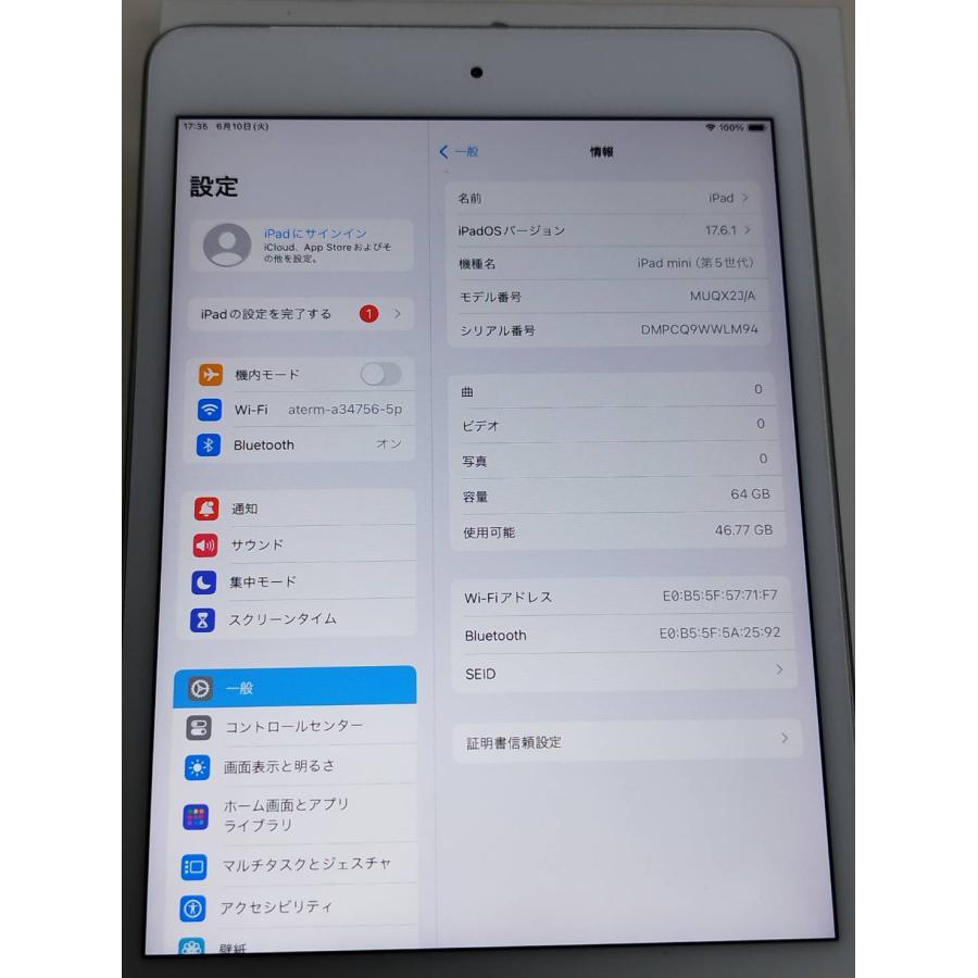 Wi-Fiモデル】iPad mini 第5世代/64GB/A2133〈MUQX2J/A〉 : 中古