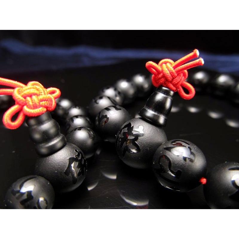 主玉10mm フロスト ブラックオニキス梵字彫り念珠ブレスレット 主玉10mm×18珠前後 親玉12mm 厄除け・良運を呼び健康長寿をもたらす ブラジル産 bl-p | ブランド登録なし | 01