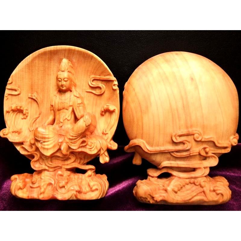 5A極上彫り 円背景 観音像 木彫り 置物 高さ約105-110mm 風水やインテリアに 木の温もりを感じる濃いめのウッドカラー ok-s パワーストーン 天然石 | 開運 | 03